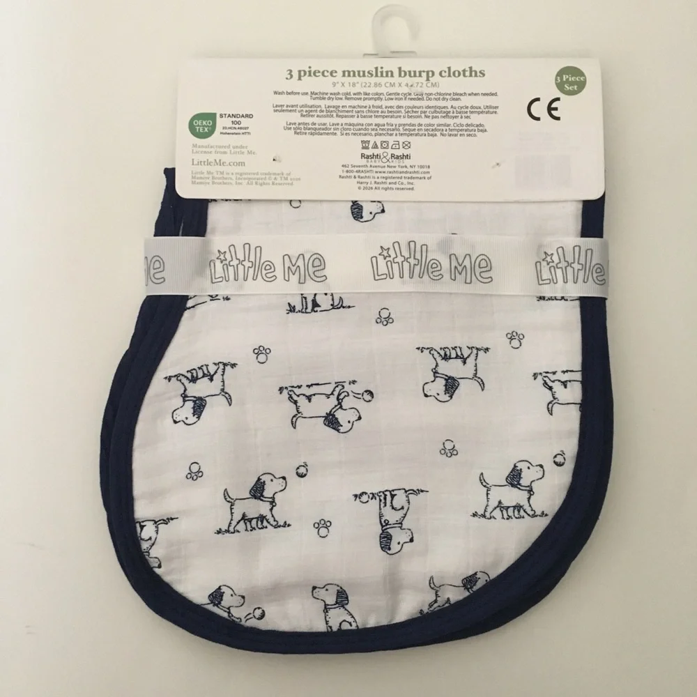NEW 3 Cotton Muslin Burp Cloths Puppy Dogs Print Stripes Solid | Little Me